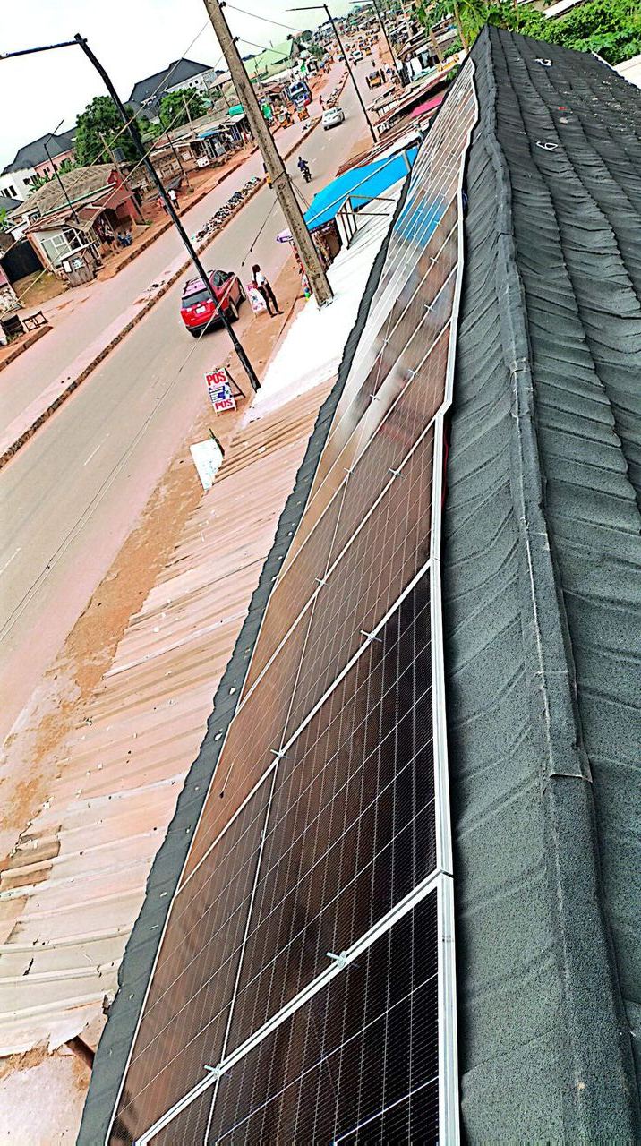 Rooftop solar installation viewed along the roof